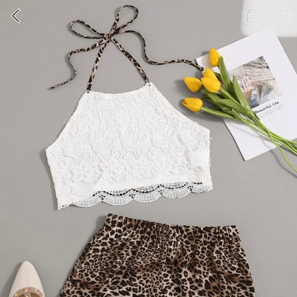 Tops - Lace halter top with Leopard shorts Set